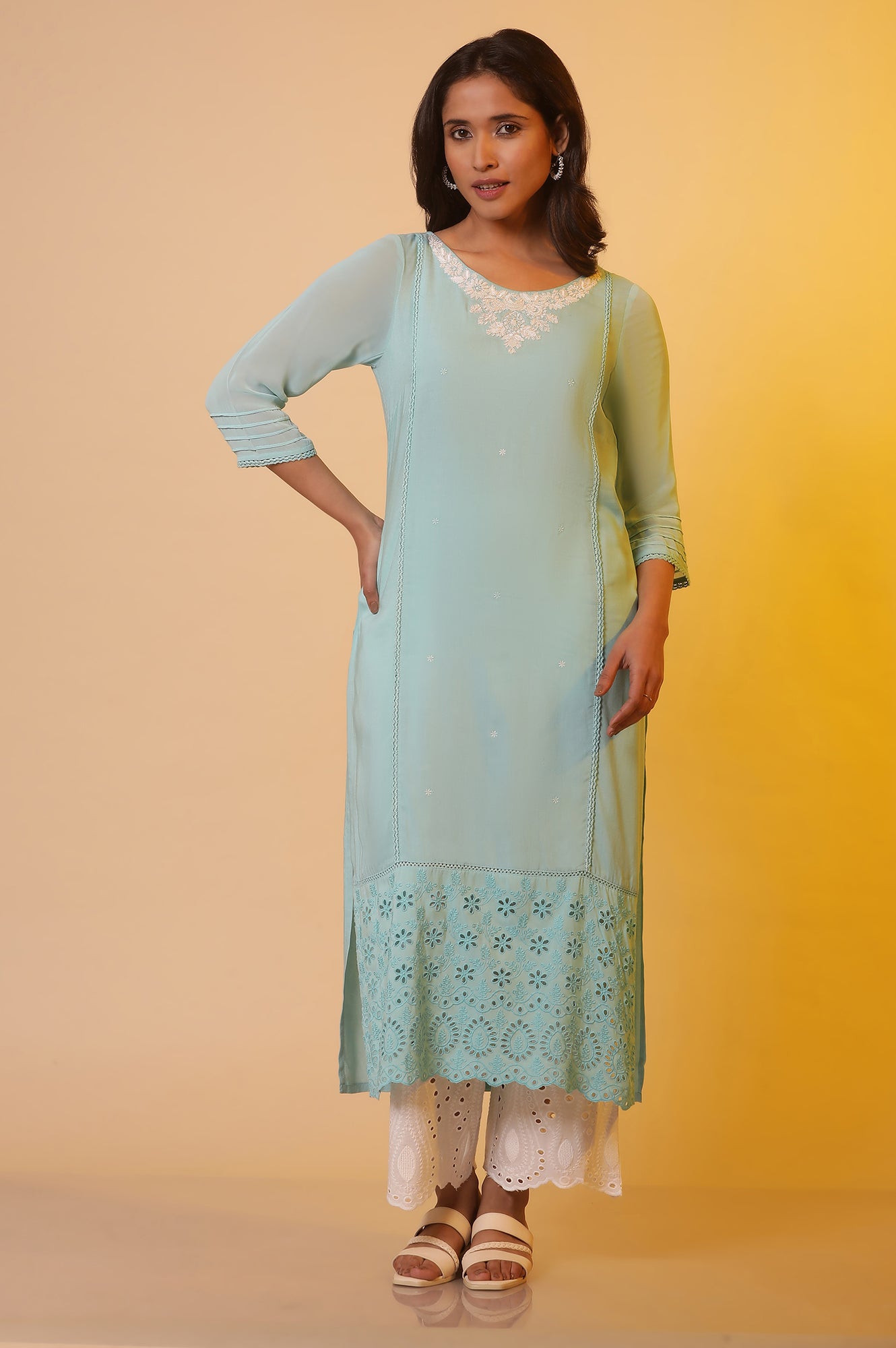 Blue Schiffli Straight Kurta