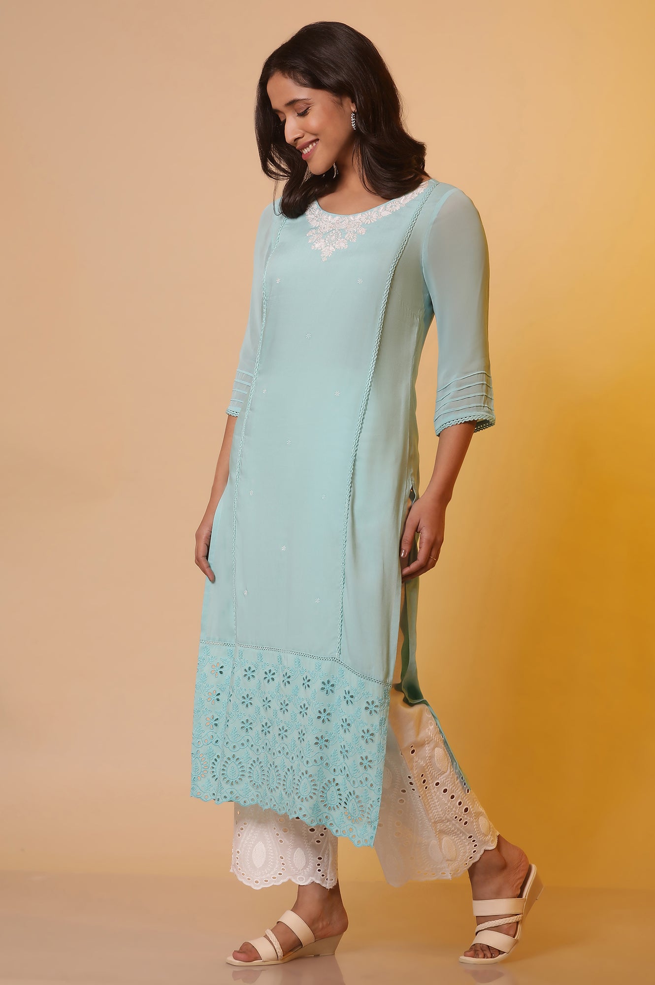 Blue Schiffli Straight Kurta