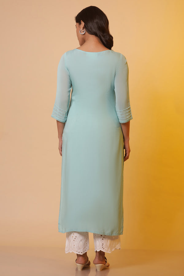 Blue Embroidered Straight Rayon Kurta