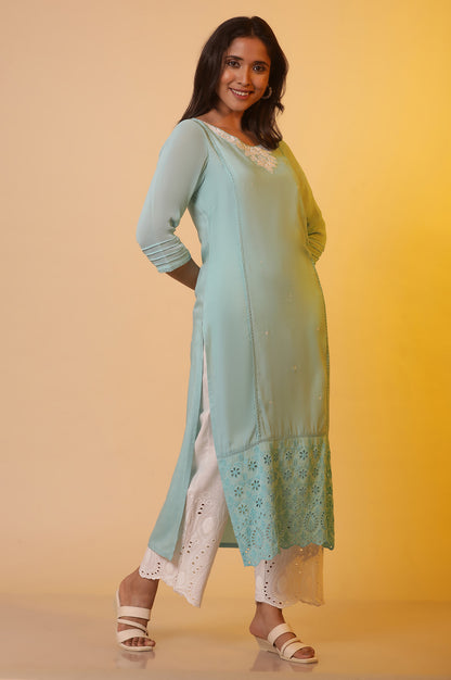 Blue Schiffli Straight Kurta