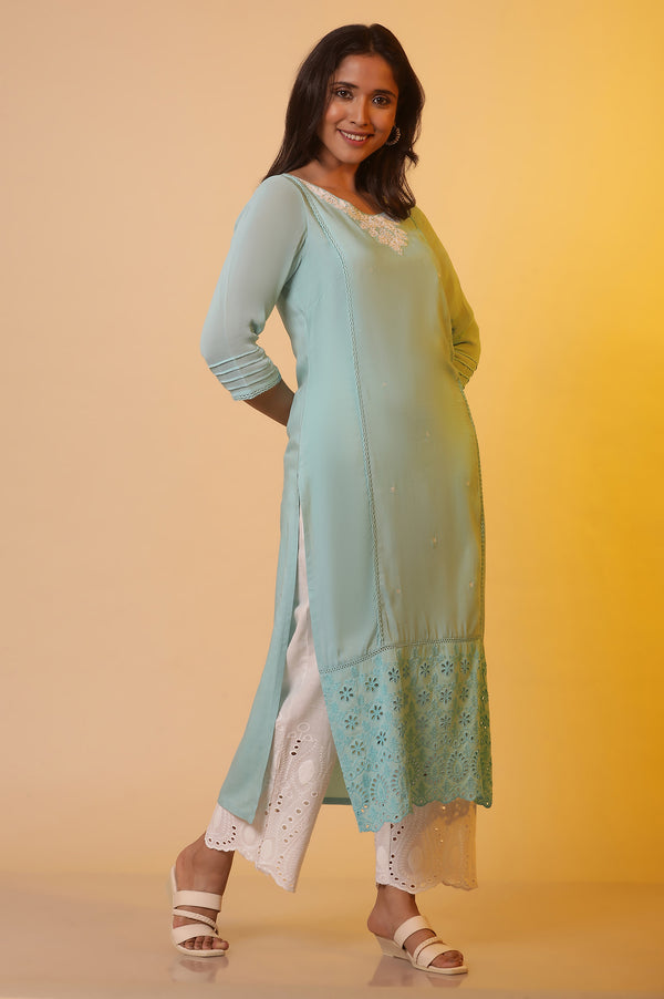 Blue Embroidered Straight Rayon Kurta