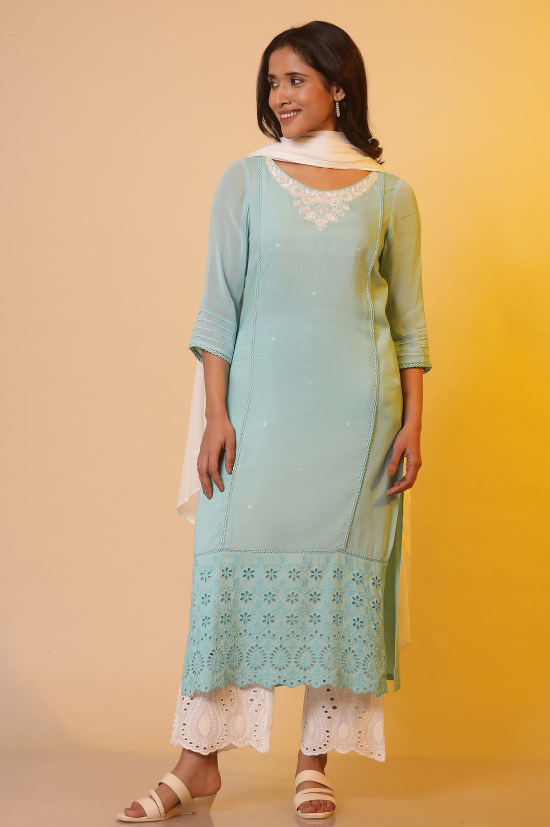 Blue Embroidered Straight Rayon Kurta