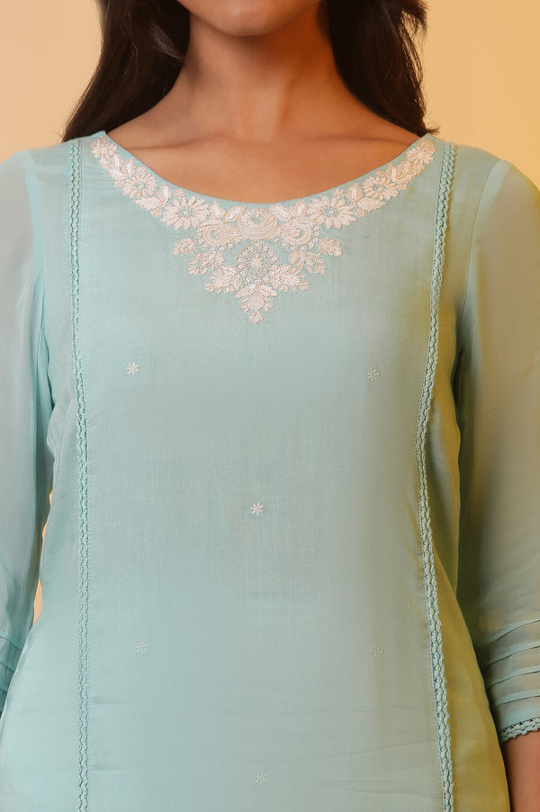 Blue Embroidered Straight Rayon Kurta