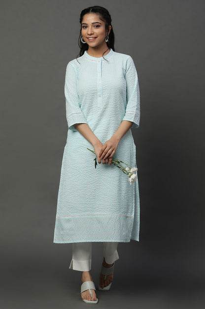 Blue Seer Sucket Stripe Casual Kurta