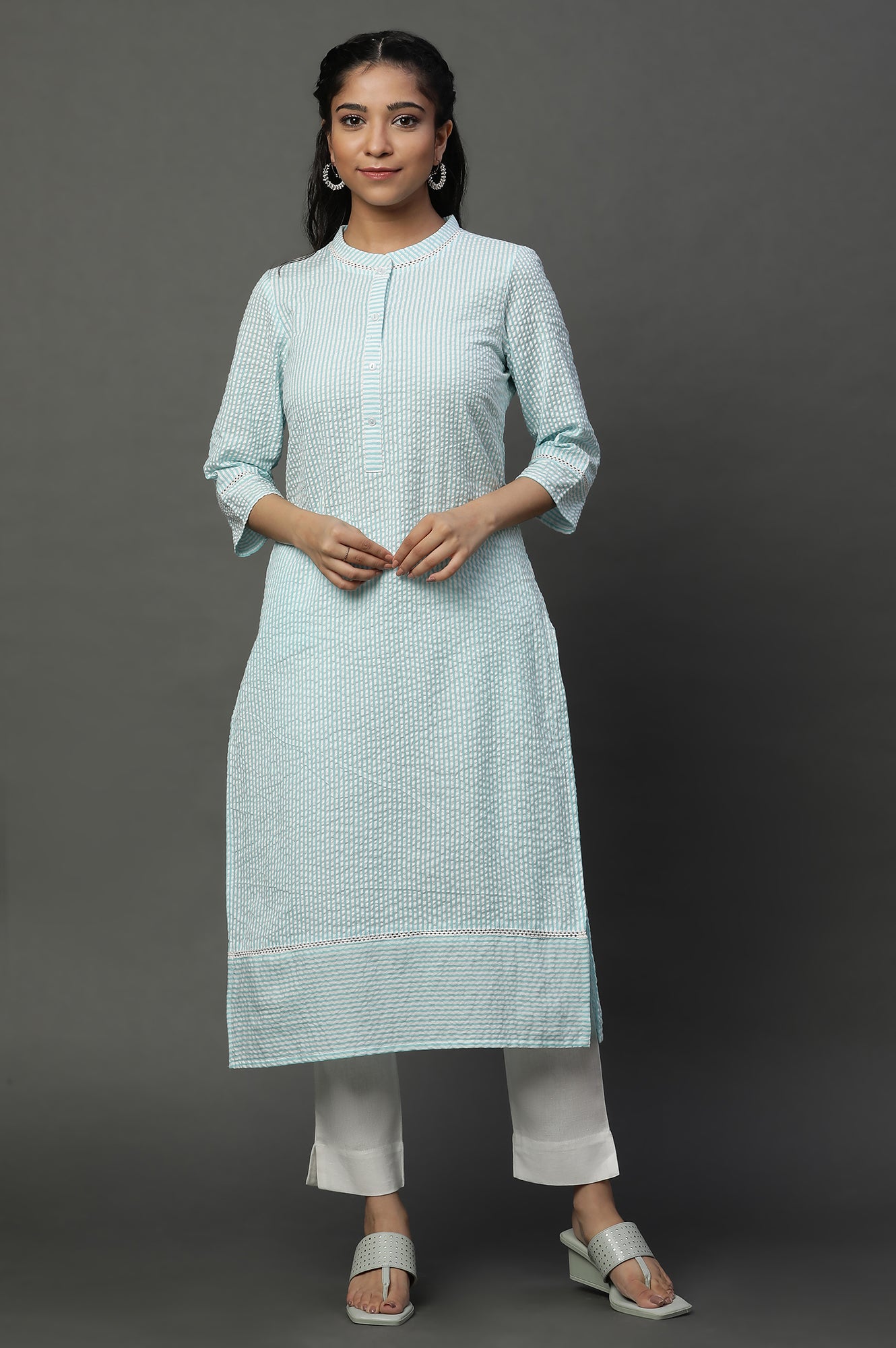 Blue Seer Sucket Stripe Casual Kurta