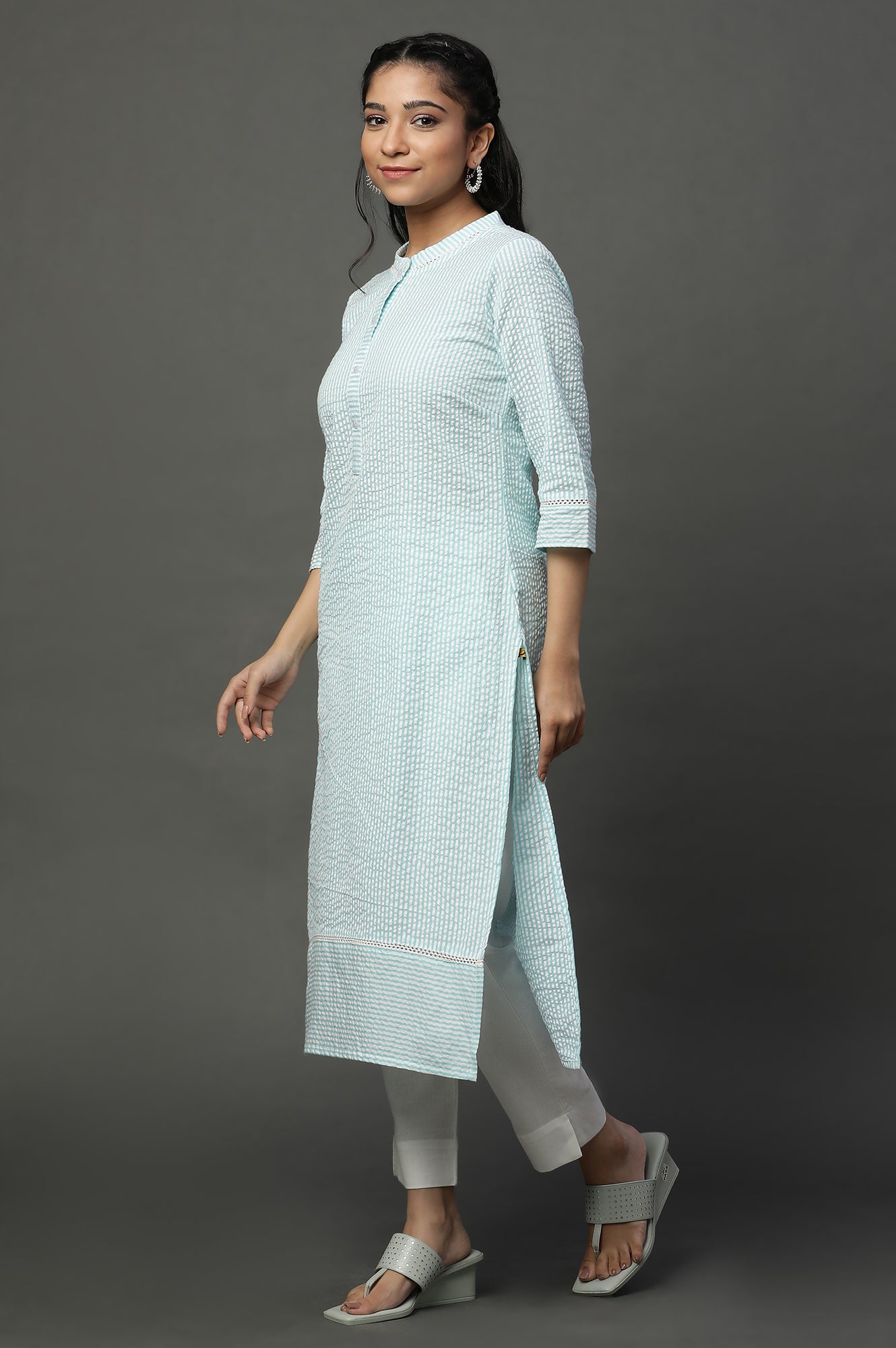 Blue Seer Sucket Stripe Casual Kurta