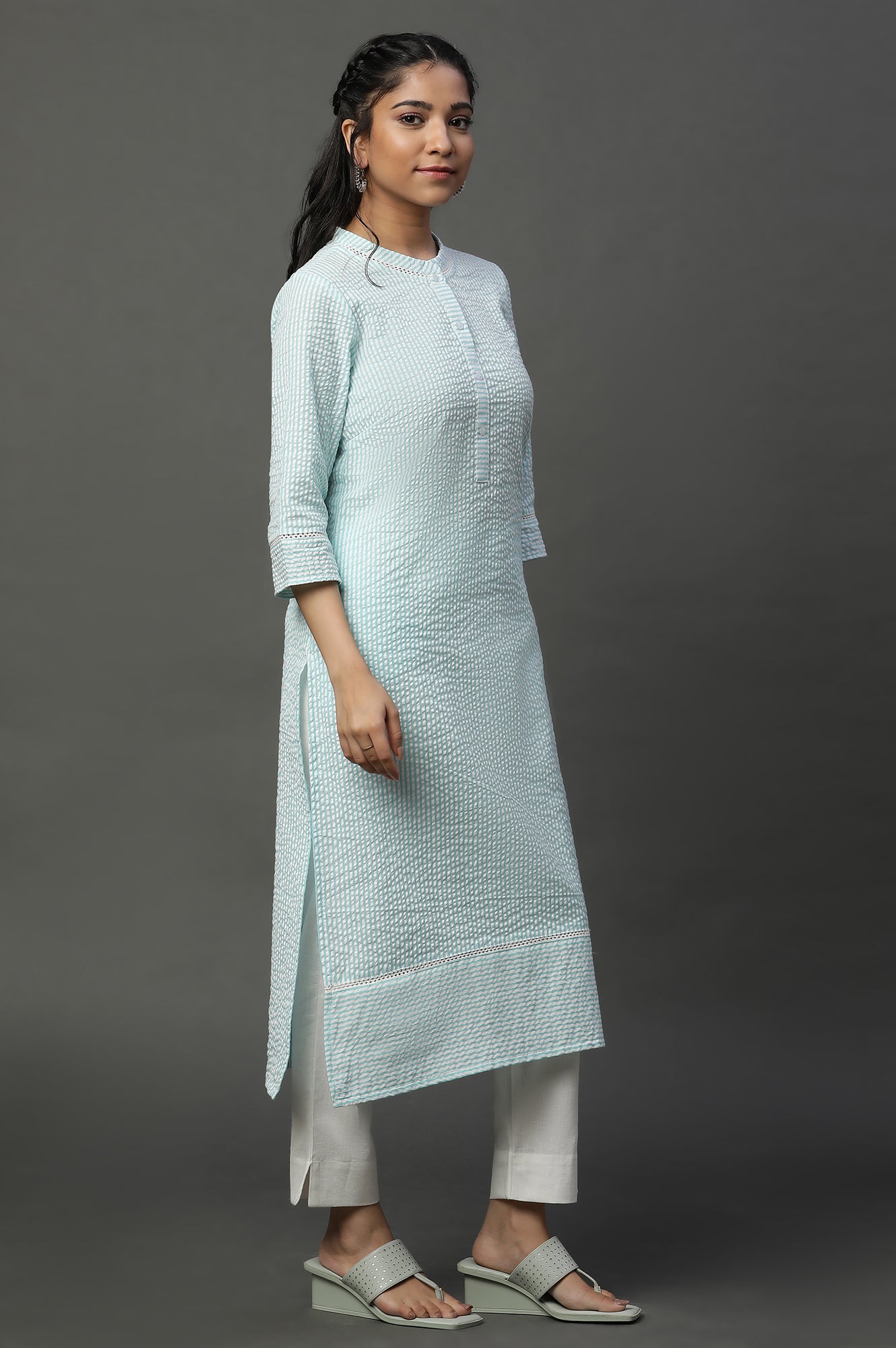 Blue Seer Sucket Stripe Casual Kurta