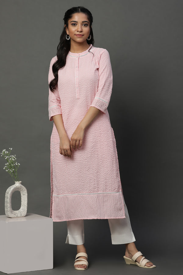 Pink Seer Sucket Stripe Casual Kurta