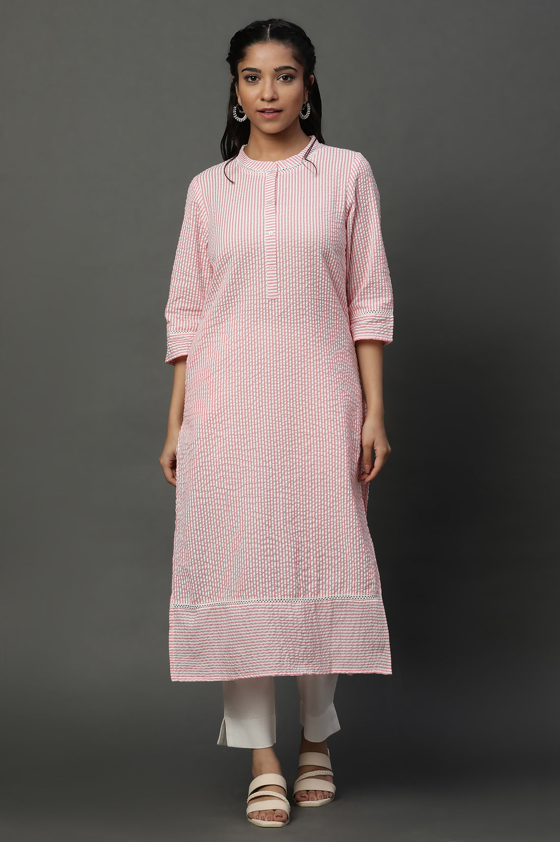 Pink Seer Sucket Stripe Casual Kurta