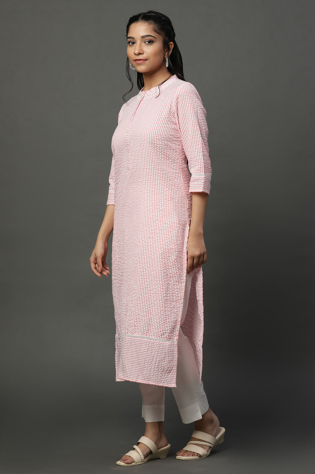 Pink Seer Sucket Stripe Casual Kurta