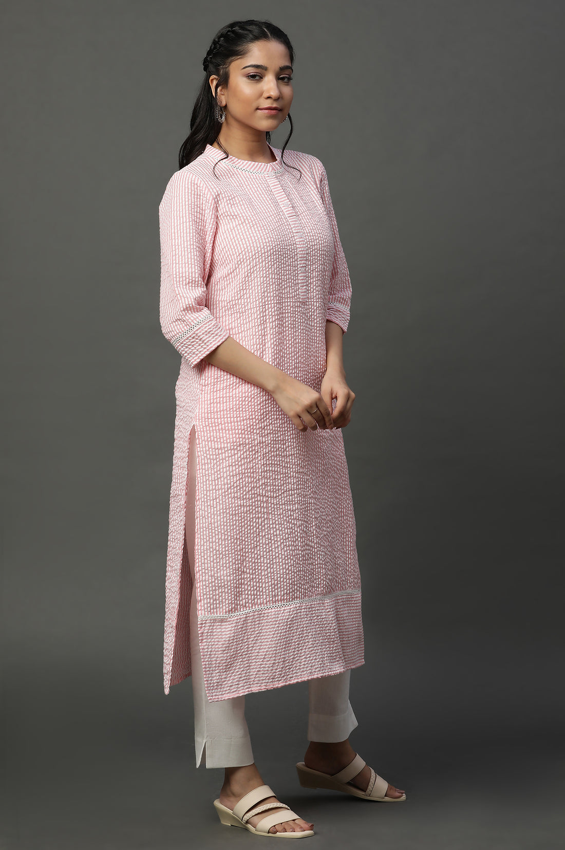 Pink Seer Sucket Stripe Casual Kurta