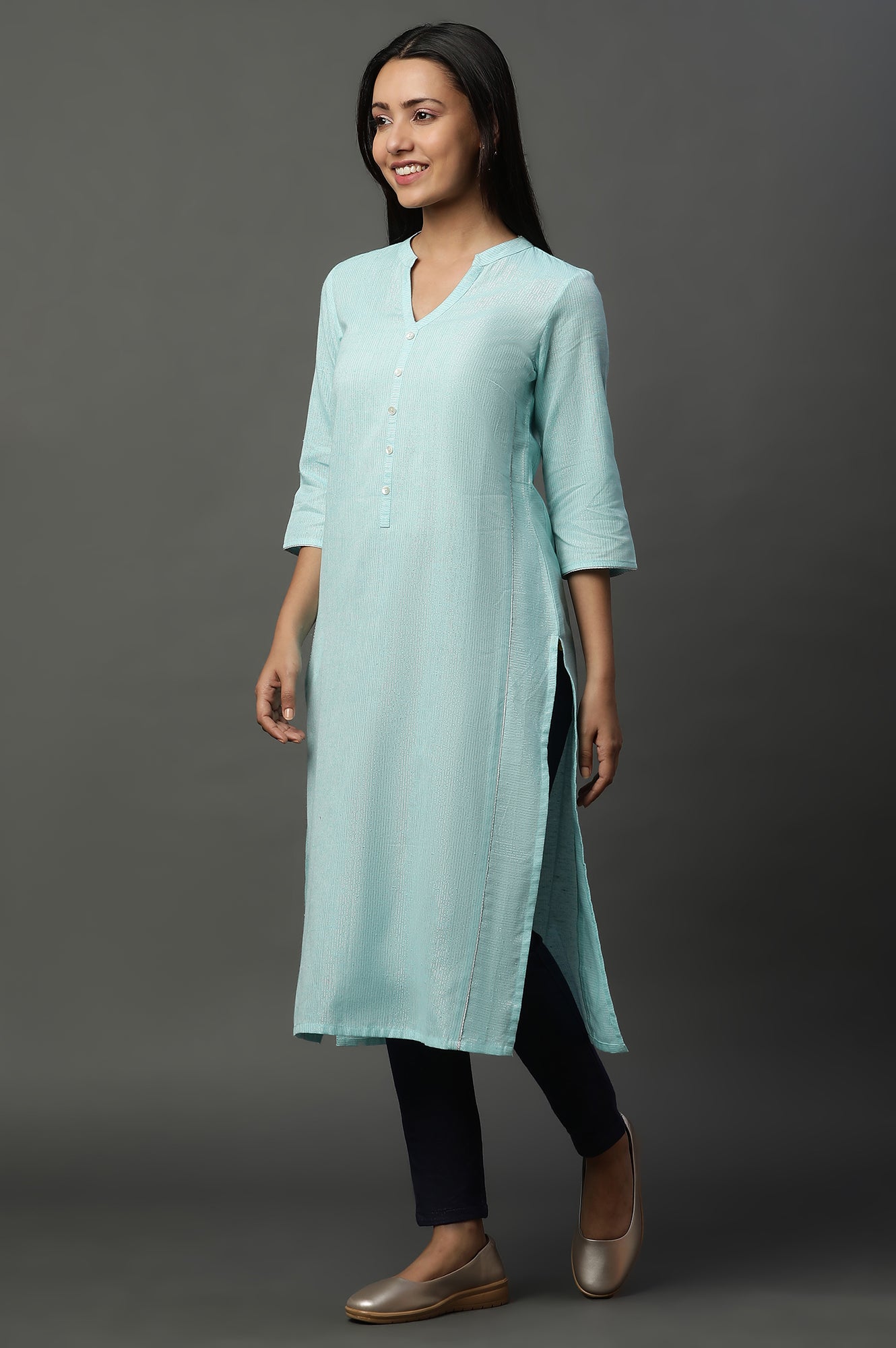 Blue Striped Yarn-Dyed Straight Kurta