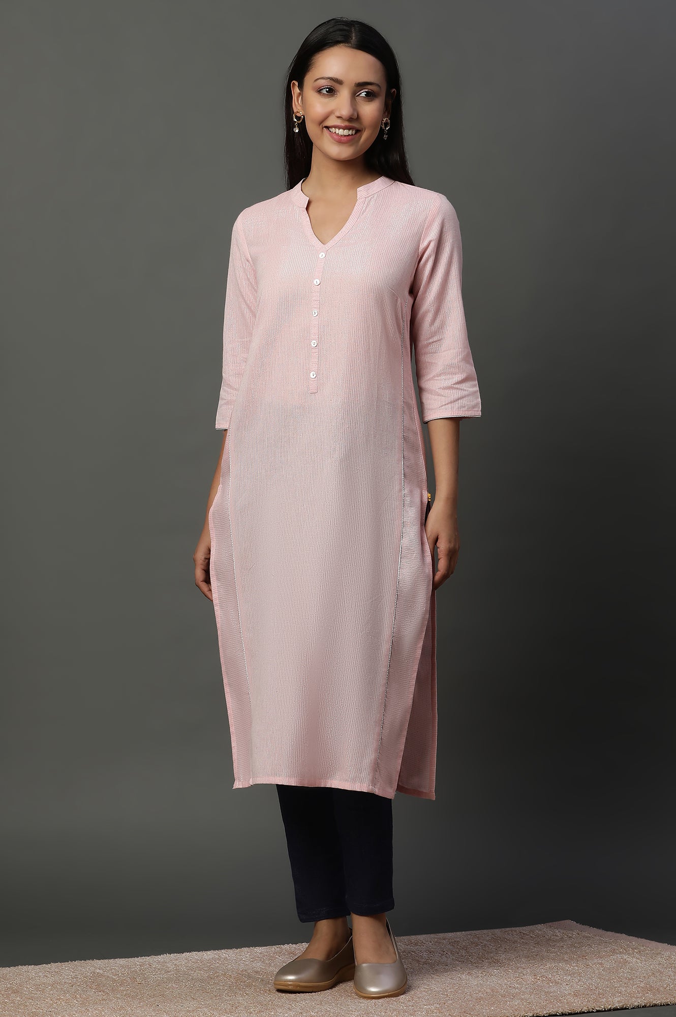 Pink Striped Yarn-Dyed Straight Kurta