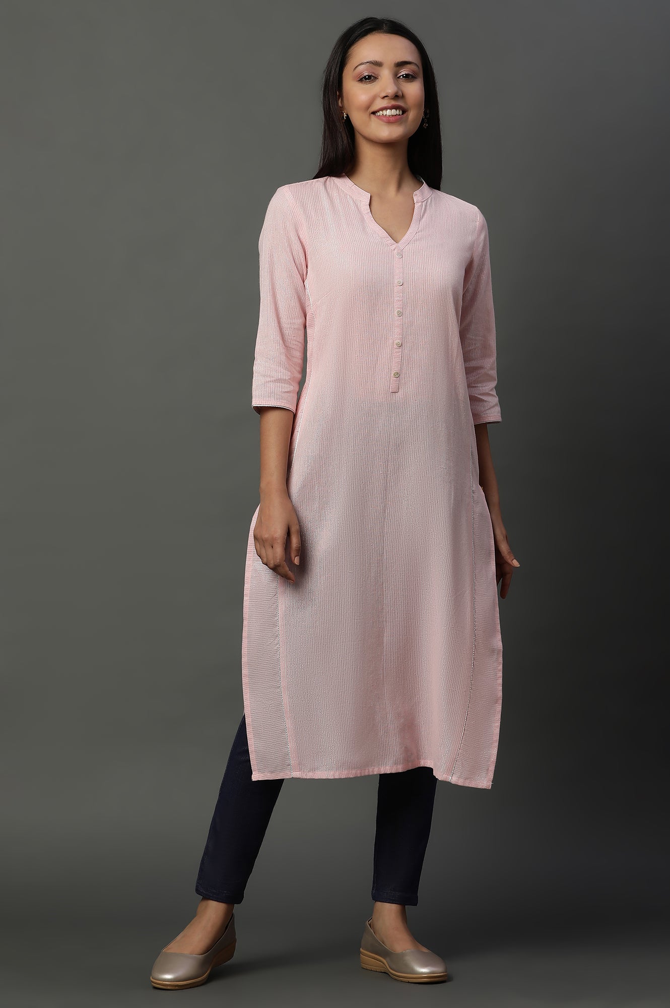 Pink Striped Yarn-Dyed Straight Kurta