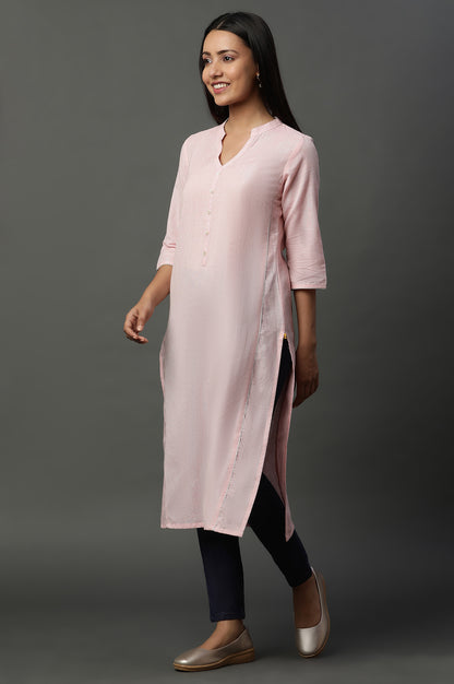 Pink Striped Yarn-Dyed Straight Kurta