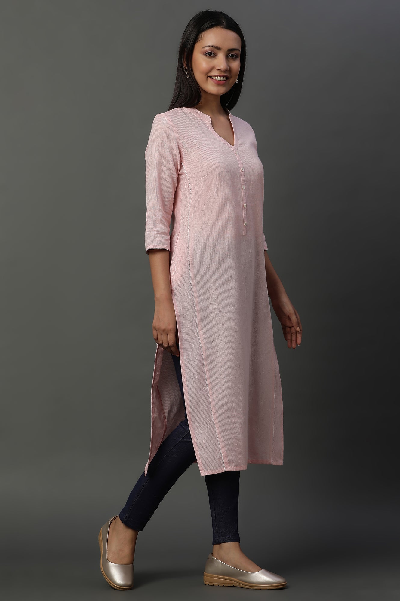 Pink Striped Yarn-Dyed Straight Kurta