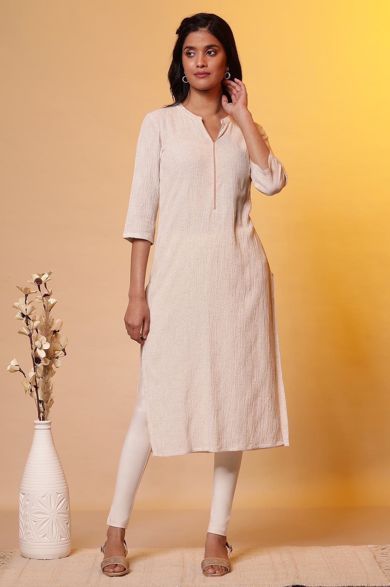 Light Beige Cotton Flax Crepe Casual Kurta