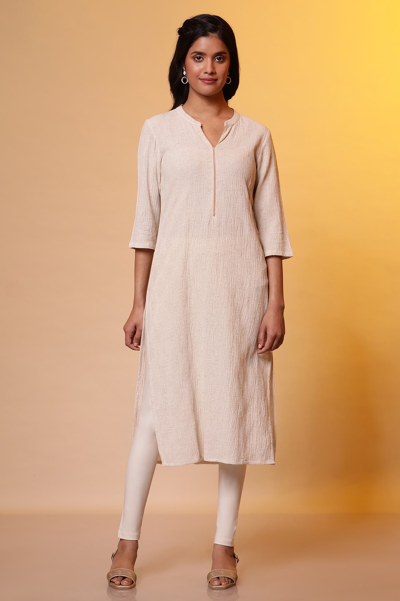 Light Beige Cotton Flax Crepe Casual Kurta