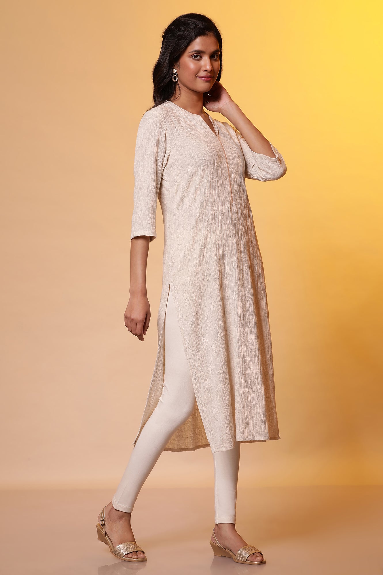 Light Beige Cotton Flax Crepe Casual Kurta