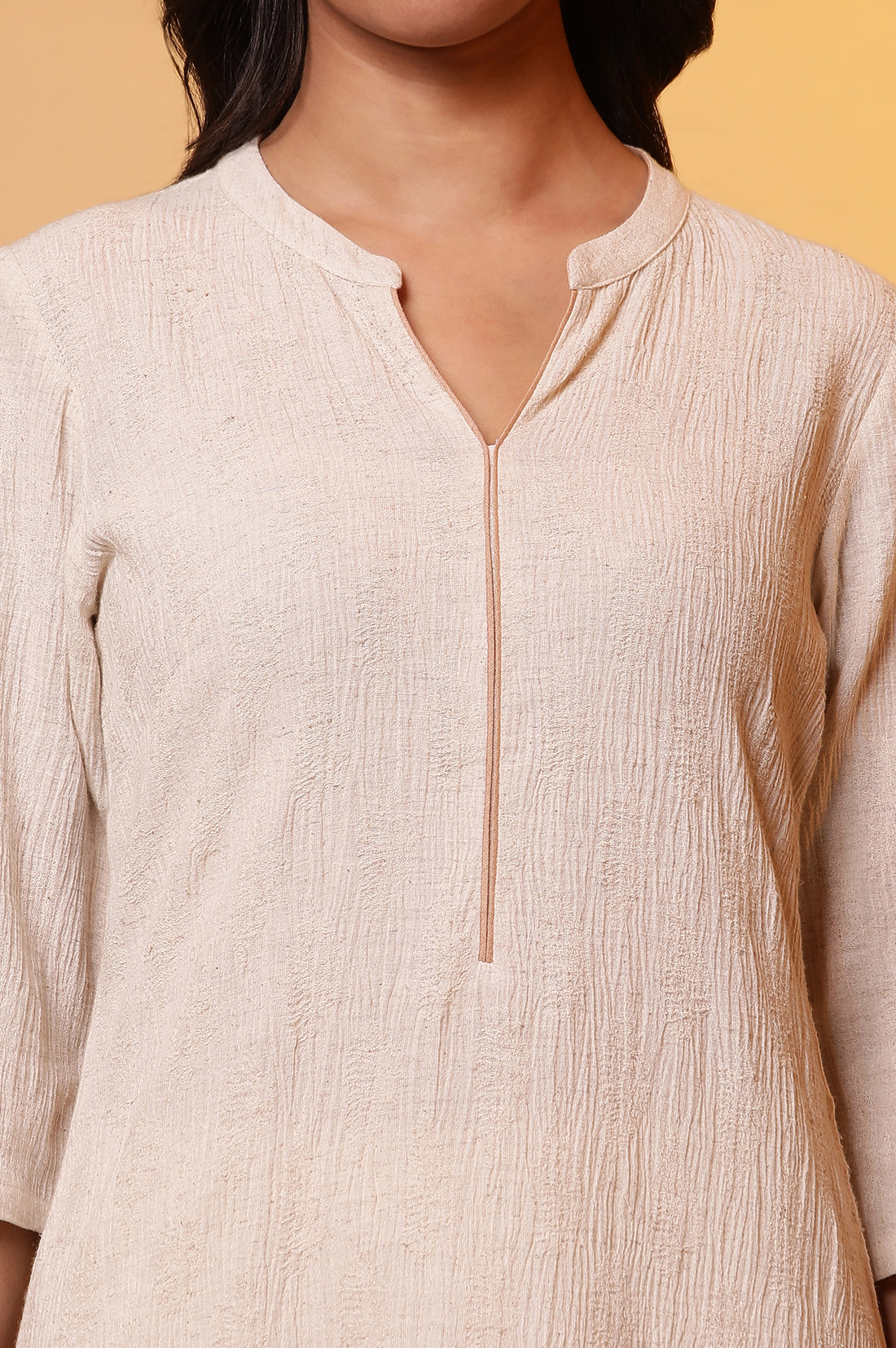 Beige Solid Printed Cotton Flax Straight Kurta with Trouser Set