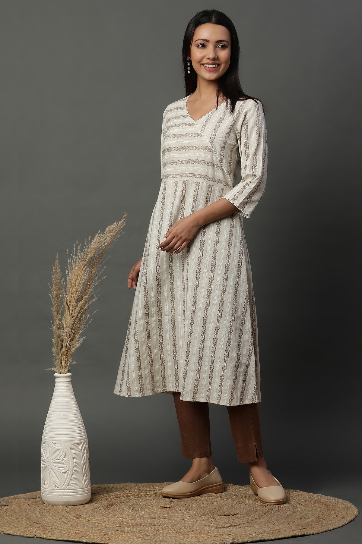 Natural Mock Angrakha Kurta with Lace - S