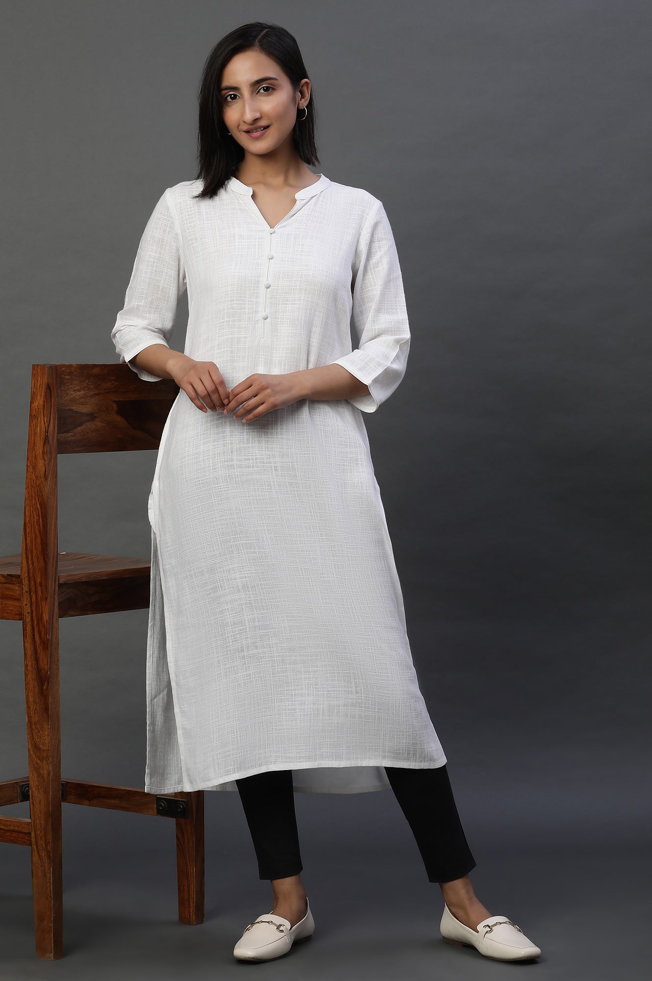 White Mandarin Collar Casual Kurta