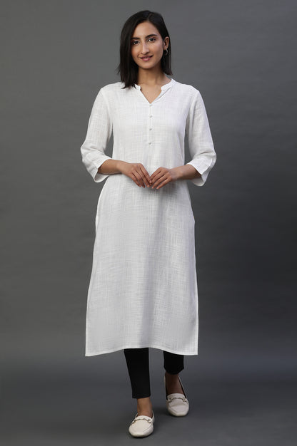 White Mandarin Collar Casual Kurta