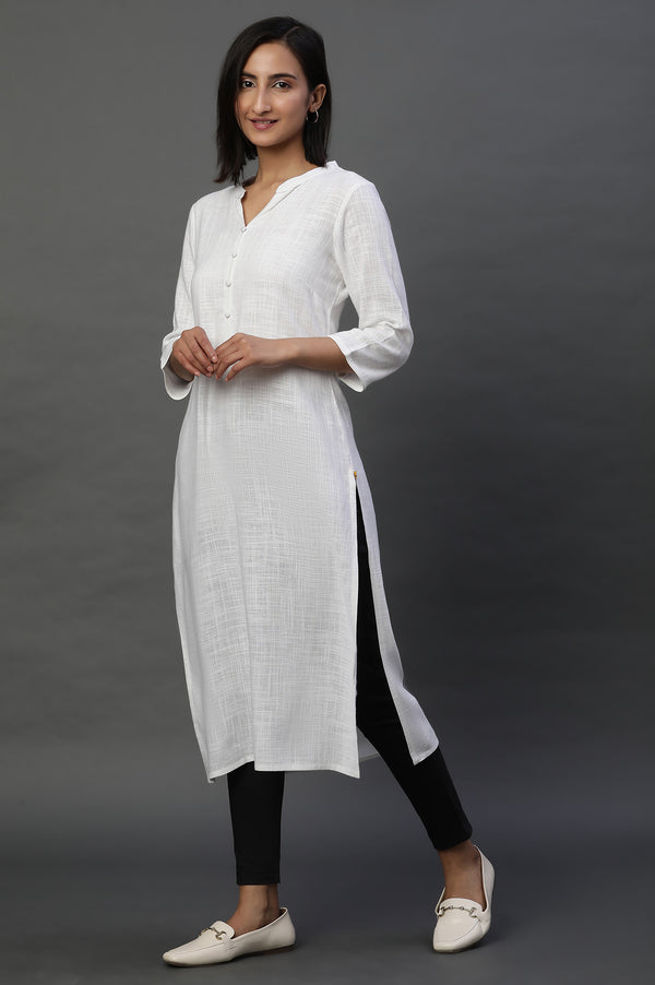 White Mandarin Collar Casual Kurta