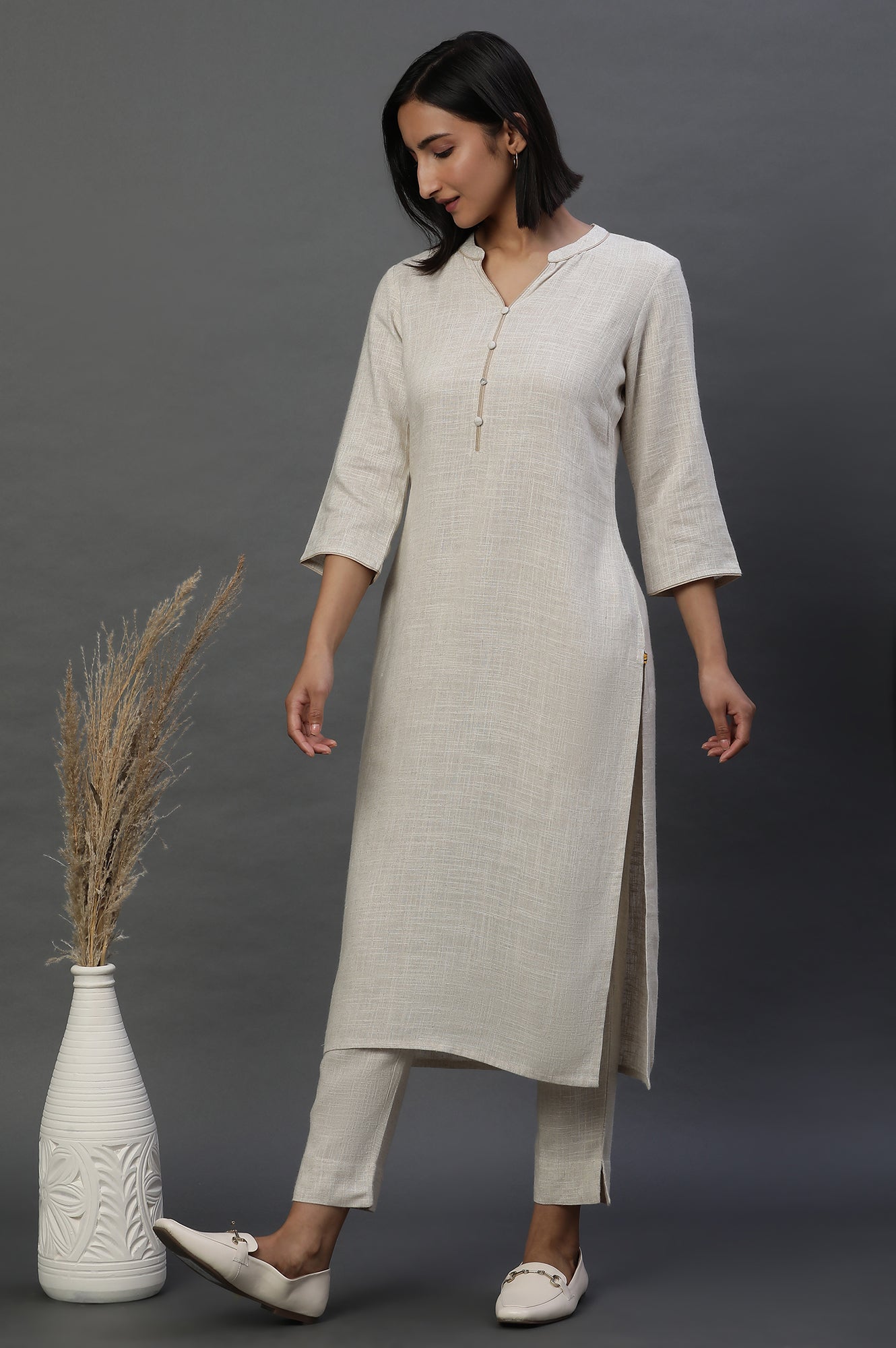 Natural Mandarin Collar Casual Kurta