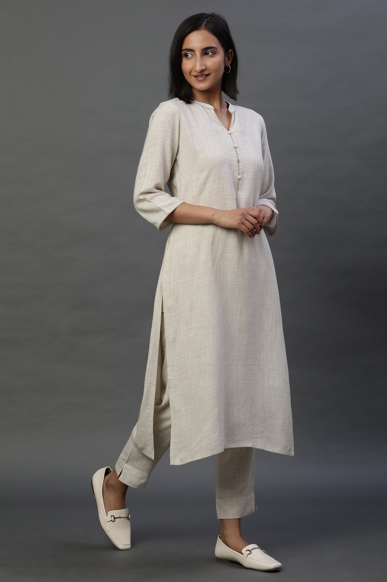 Natural Mandarin Collar Casual Kurta