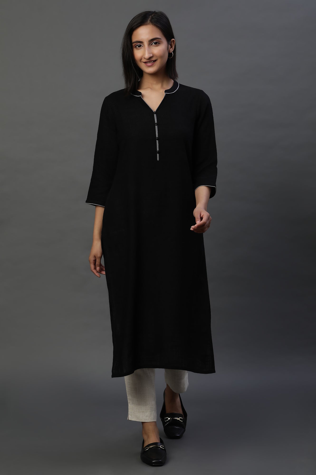 Black Mandarin Collar Casual Kurta