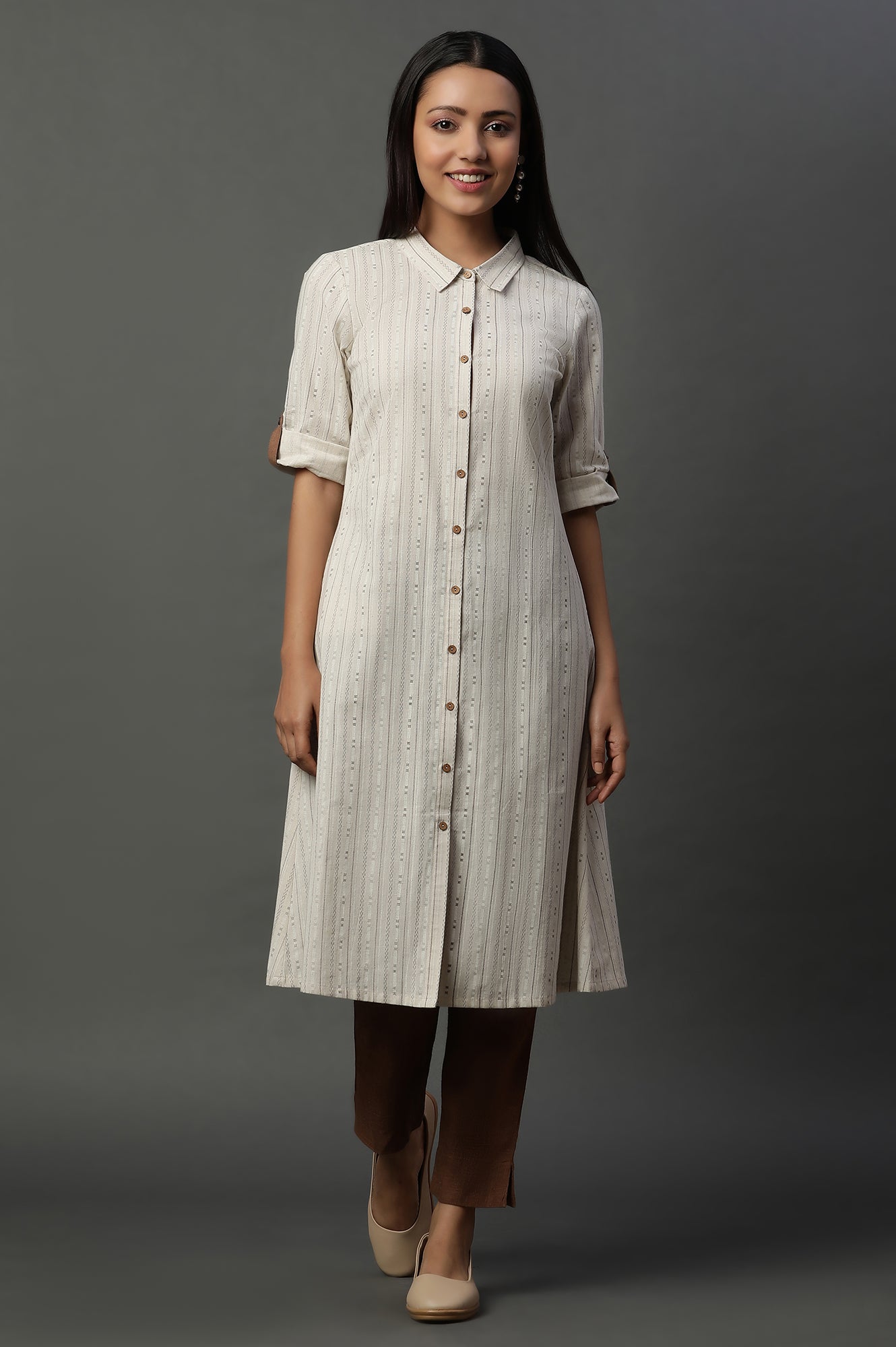 Natural Striped Cotton Flax A-line Dress