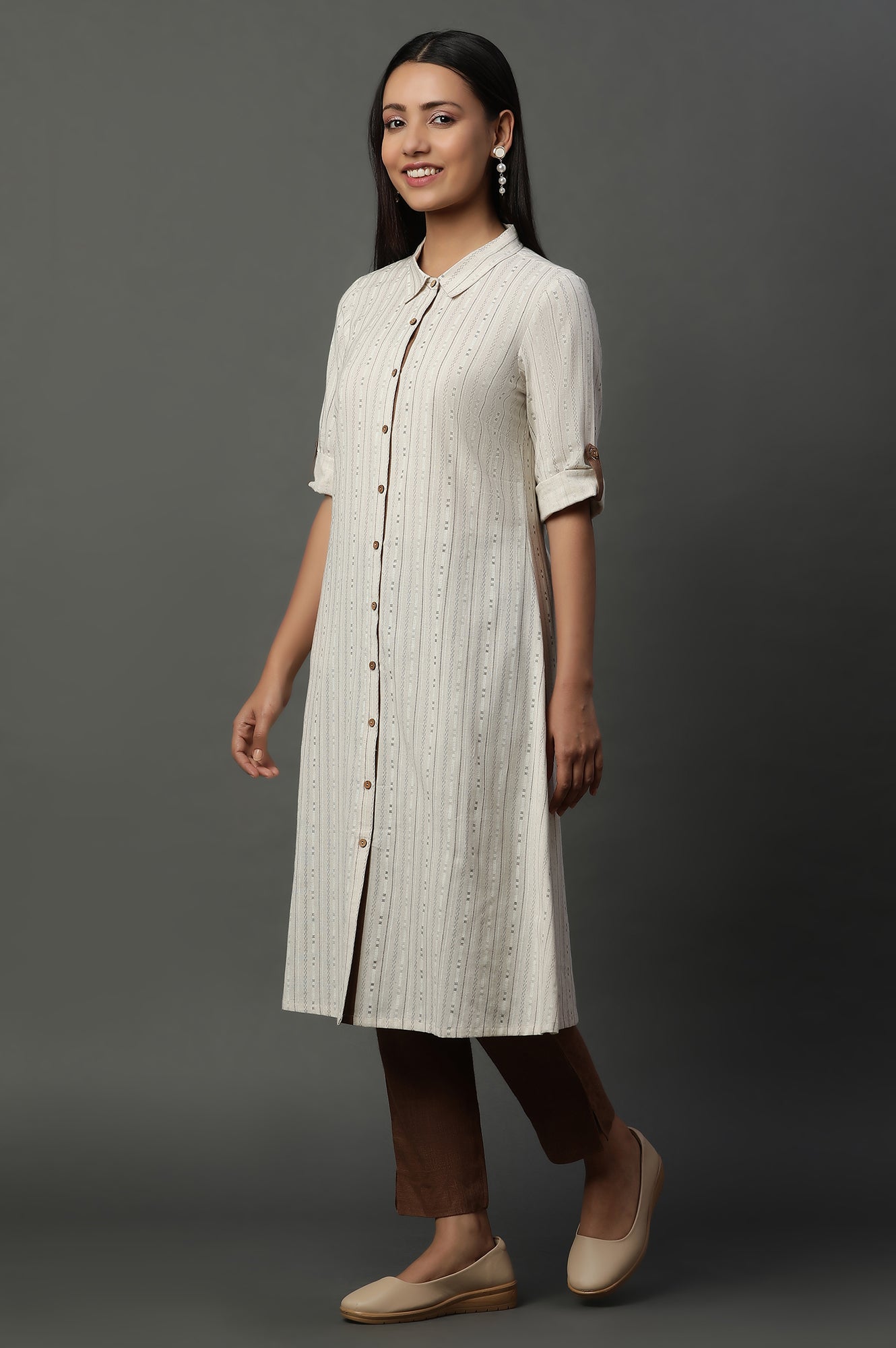 Natural Striped Cotton Flax A-line Dress