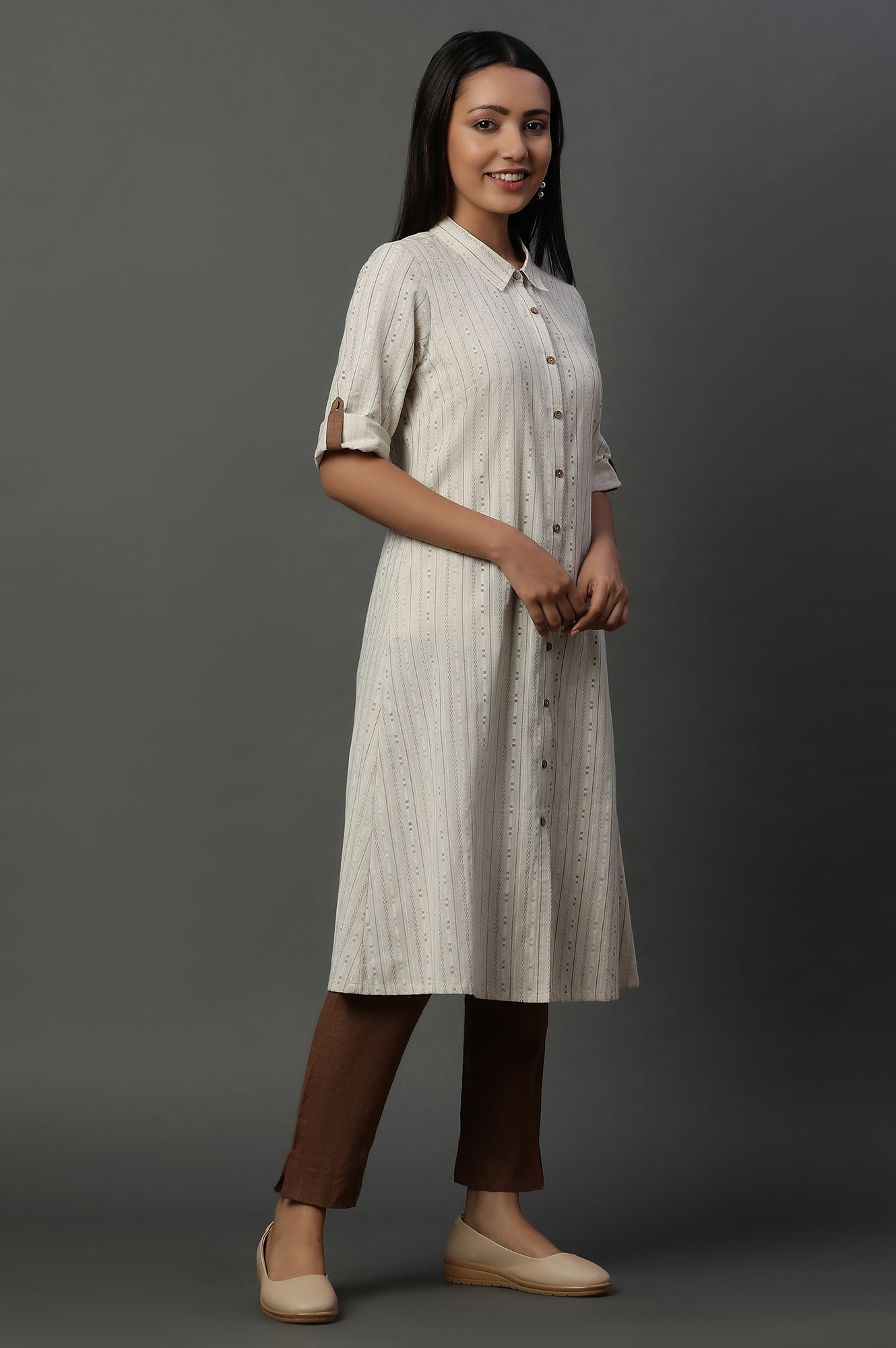 Natural Striped Cotton Flax A-line Dress