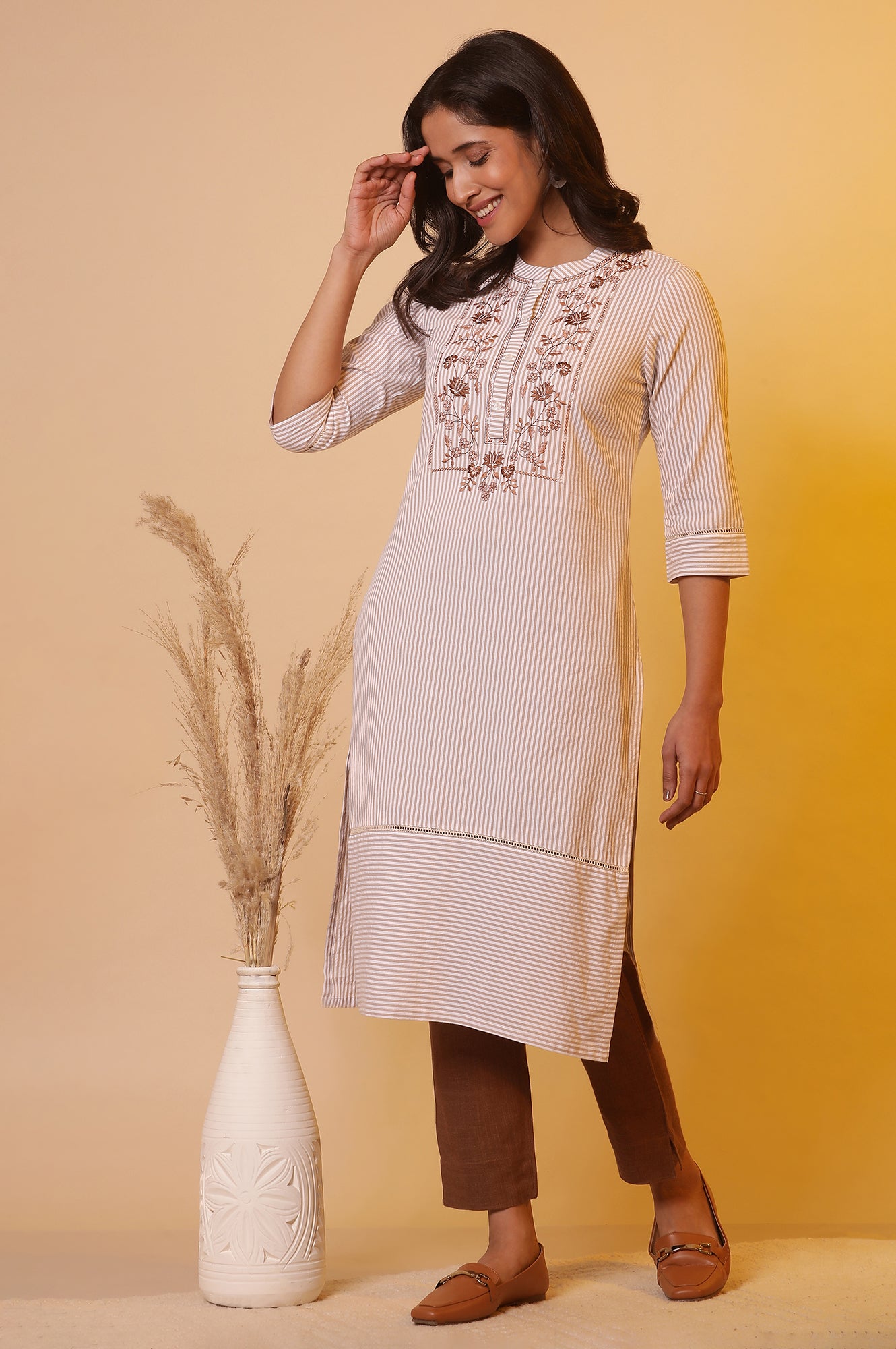 Off-White and Beige Stripe Printed Cotton Kurta with Embroidery