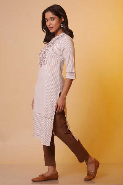 Off-White and Beige Stripe Printed Cotton Kurta with Embroidery