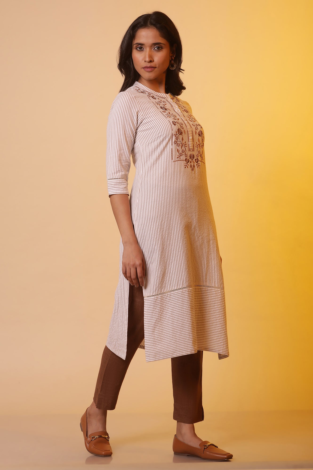 Off-White and Beige Stripe Printed Cotton Kurta with Embroidery