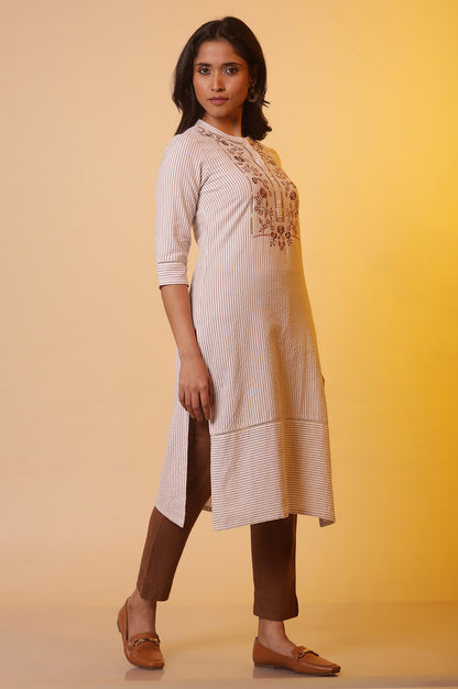 Off-White and Beige Stripe Printed Cotton Kurta with Embroidery