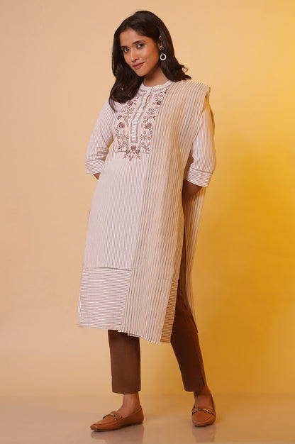 Off-White and Beige Stripe Printed Cotton Kurta with Embroidery