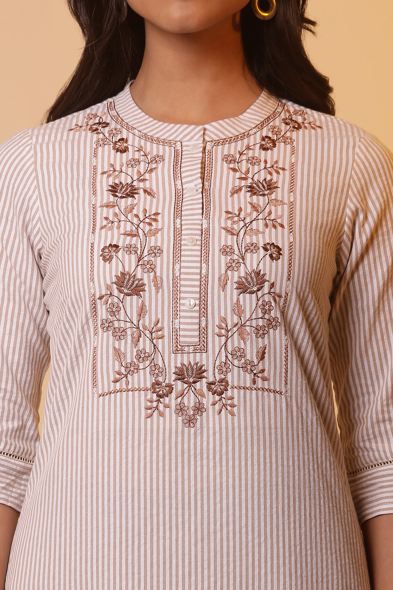 Off-White and Beige Stripe Printed Cotton Kurta with Embroidery