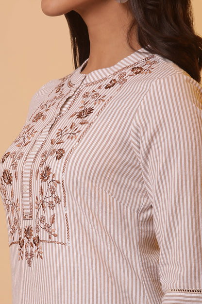 Off-White and Beige Stripe Printed Cotton Kurta with Embroidery