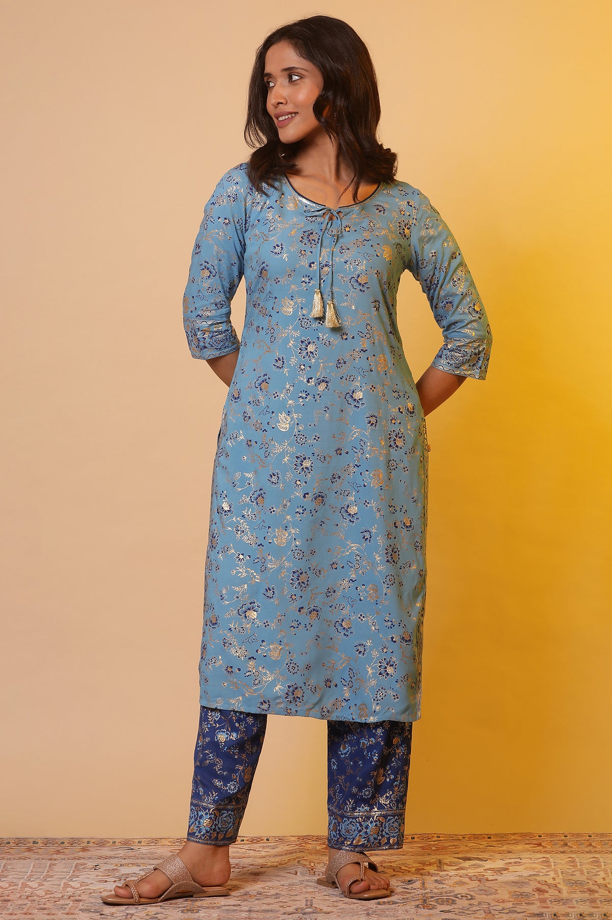 Blue Floral Gold Print Sequined Straight Cotton Kurta - XS