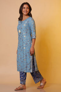 Blue Floral Gold Print Sequined Straight Cotton Kurta