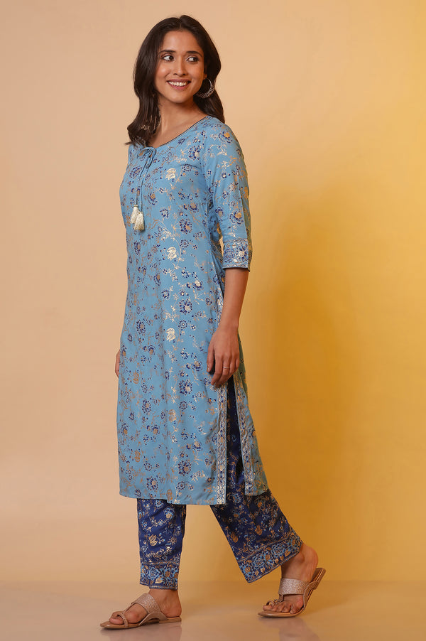 Blue Floral Gold Print Sequined Straight Cotton Kurta