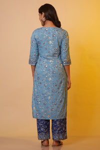 Blue Floral Gold Print Sequined Straight Cotton Kurta