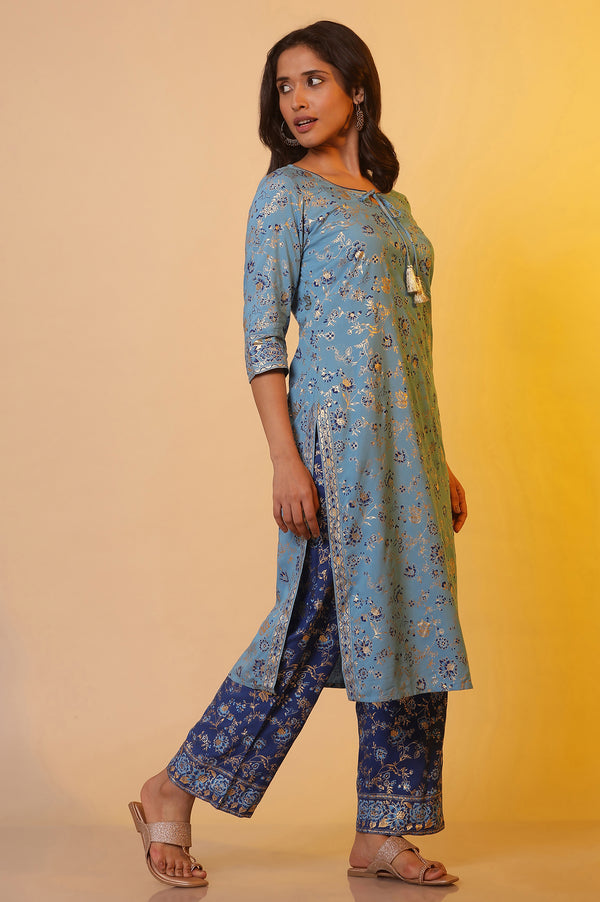 Blue Floral Gold Print Sequined Straight Cotton Kurta