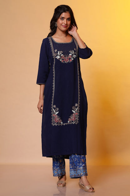 Blue Zari Embroidered Round Neck Kurta