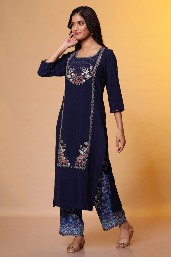 Blue Solid Embroidered Straight Woven Kurta