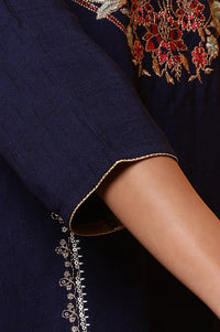 Blue Solid Embroidered Straight Woven Kurta