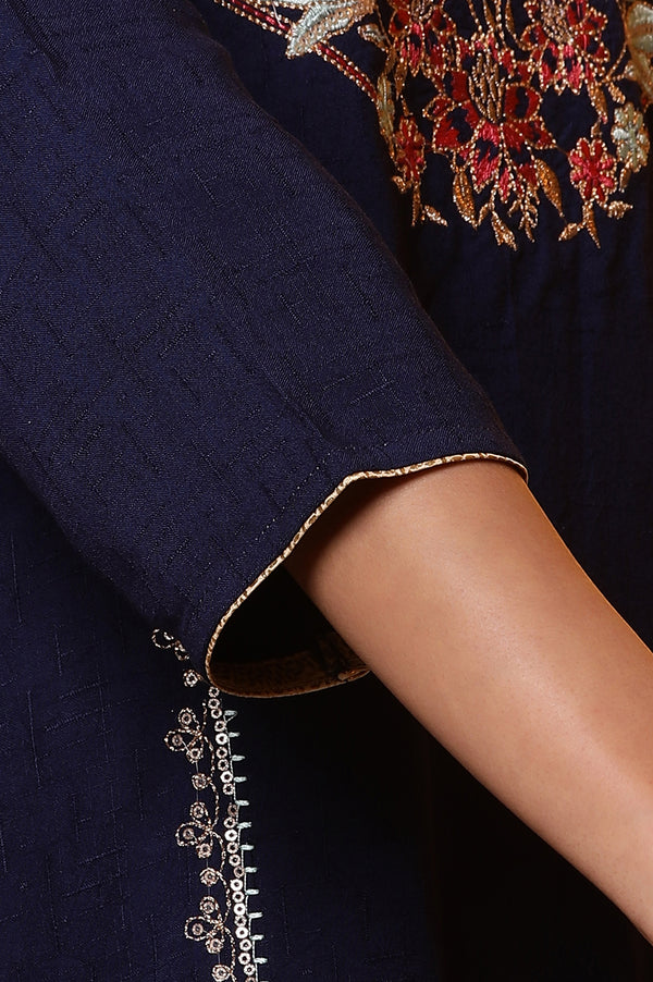 Blue Solid Embroidered Straight Woven Kurta